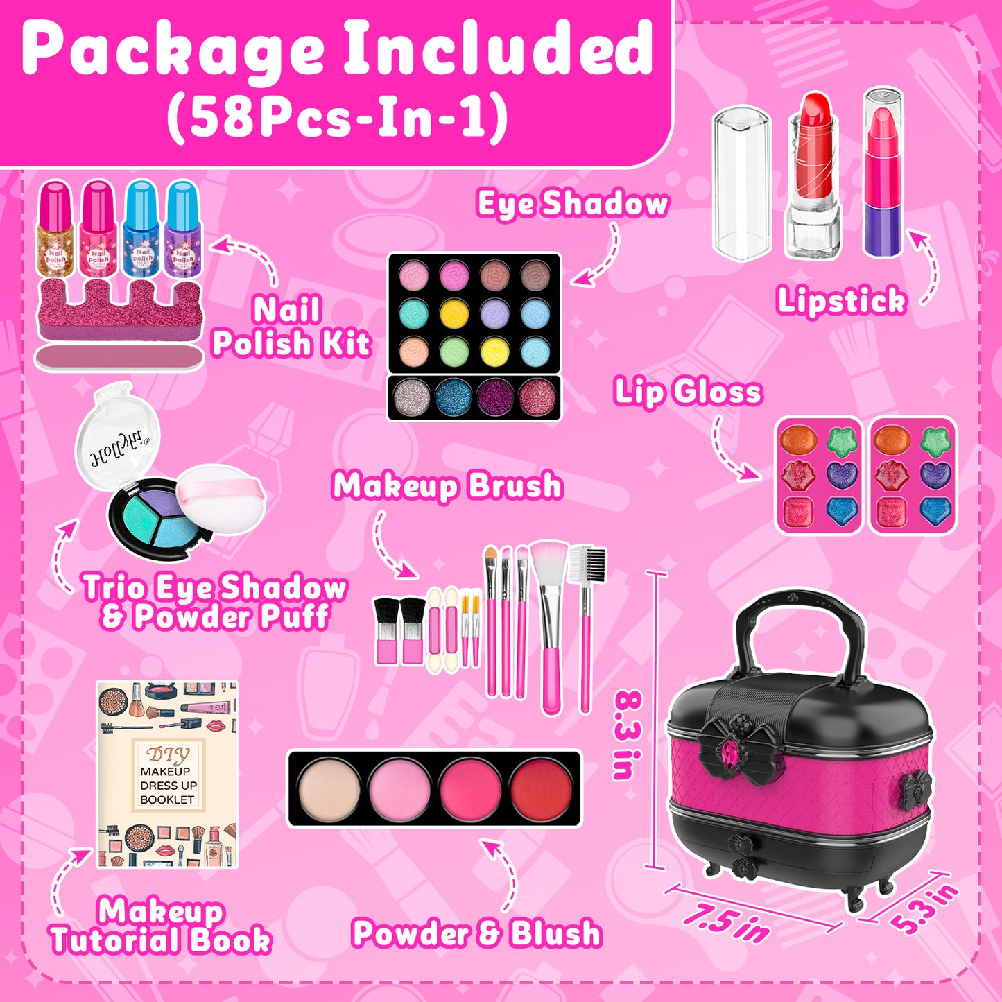 58 Pcs Kids Makeup Toys Kit for Girls, Real Washable Make Up Set