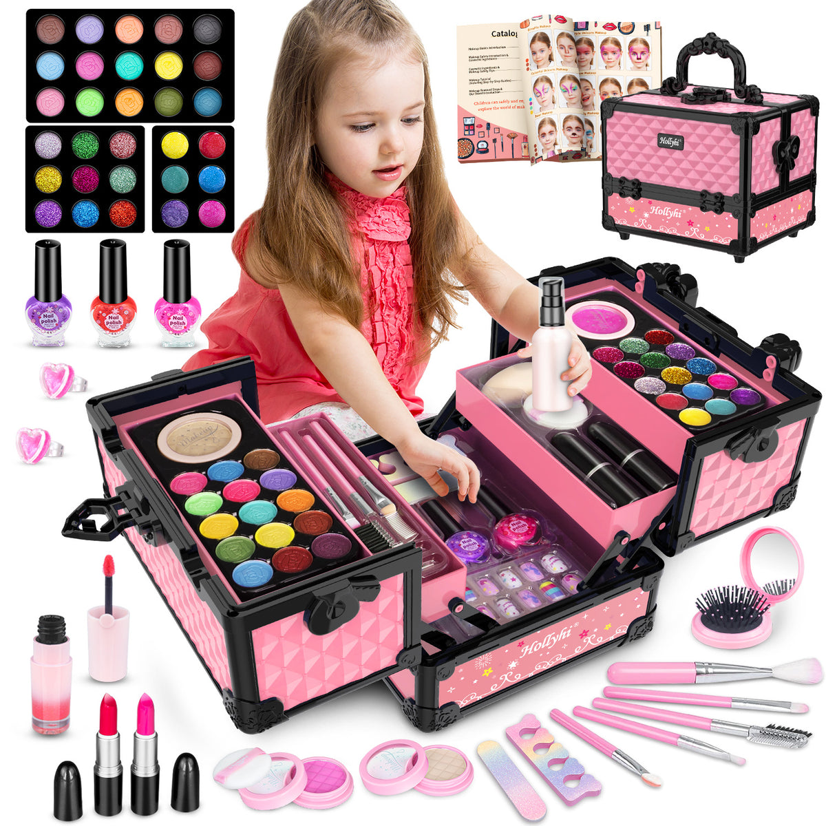 59 Pcs Kids Makeup Toys Kit for Girl, Non-Toxic Real Washable Pretend Set
