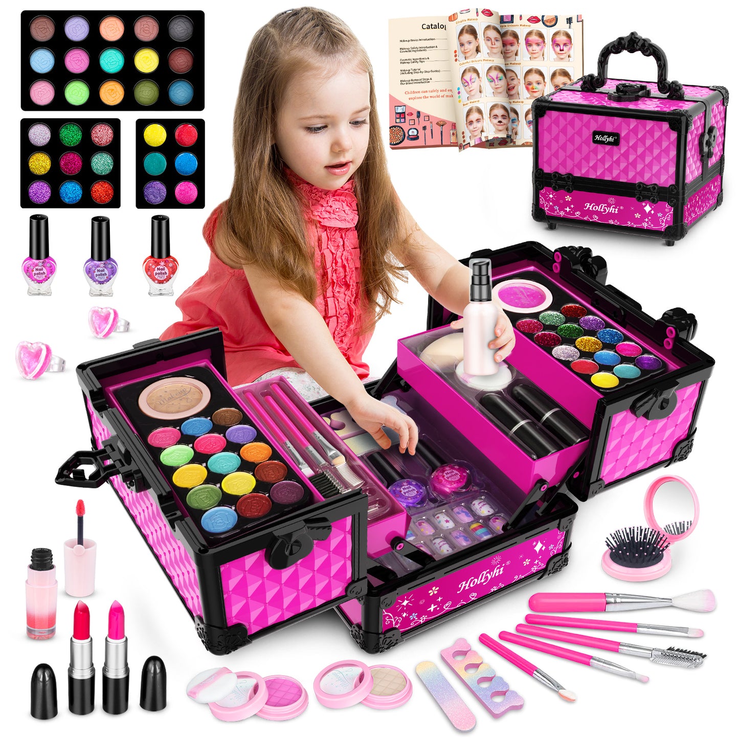 59 Pcs Kids Makeup Toys Kit for Girl, Non-Toxic Real Washable Pretend Set