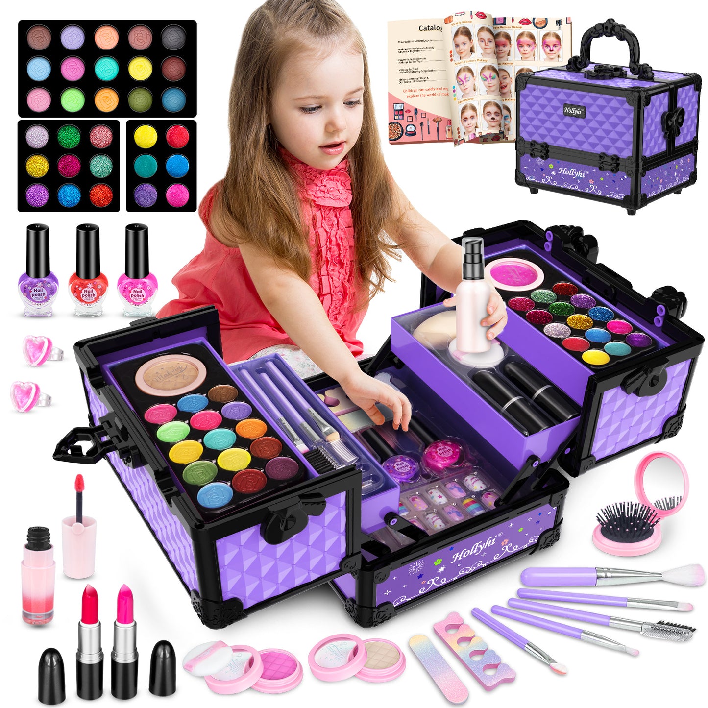 59 Pcs Kids Makeup Toys Kit for Girl, Non-Toxic Real Washable Pretend Set