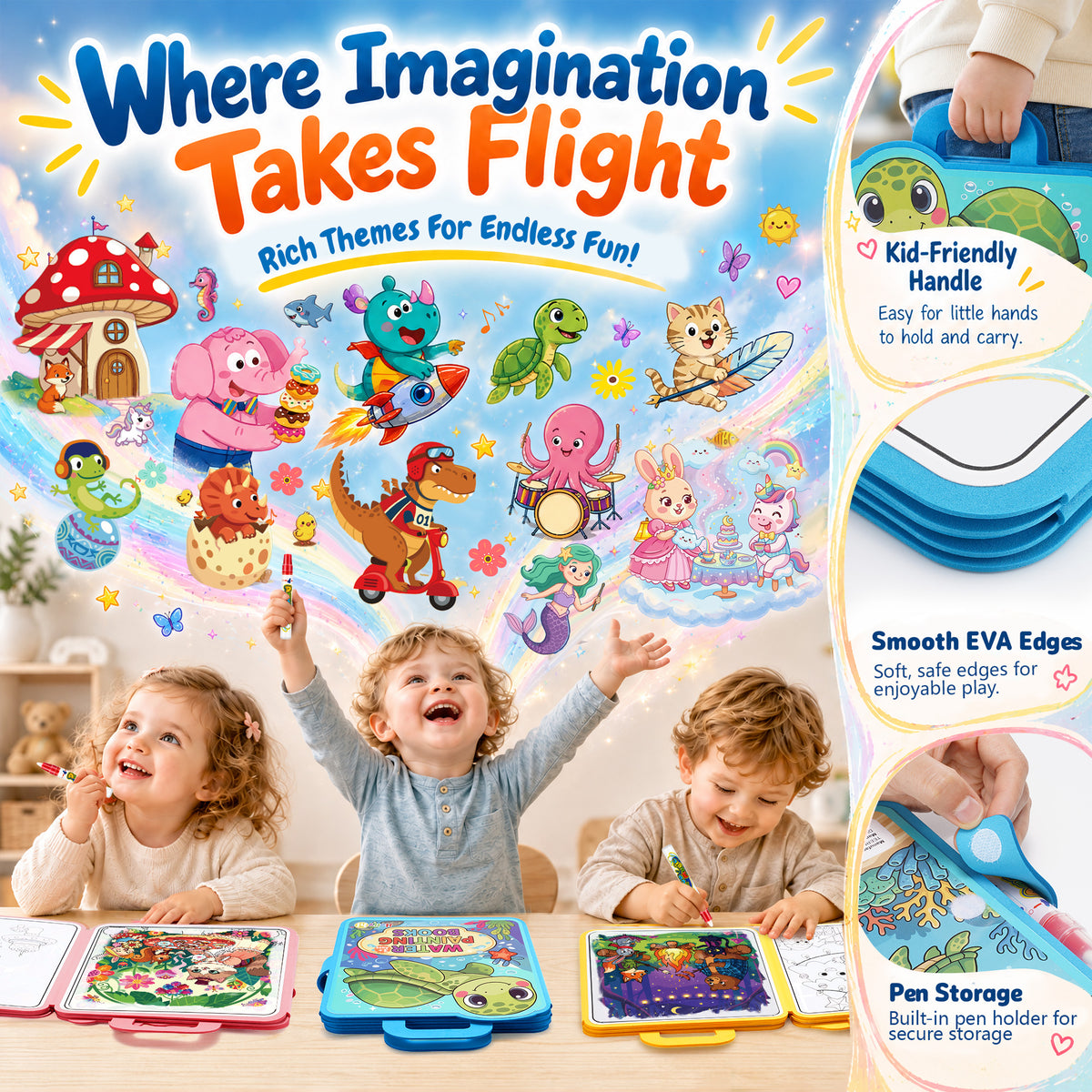 30 Pages Reusable Water Coloring Books, 3 Pack Travel Toy for Kids