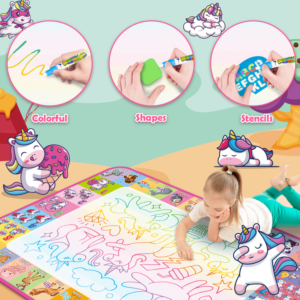 Water Doodle Mat, Kids Drawing Toys for 3 4 5 Year Old Boys Girls Gifts