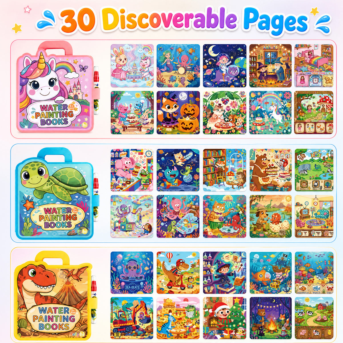 30 Pages Reusable Water Coloring Books, 3 Pack Travel Toy for Kids