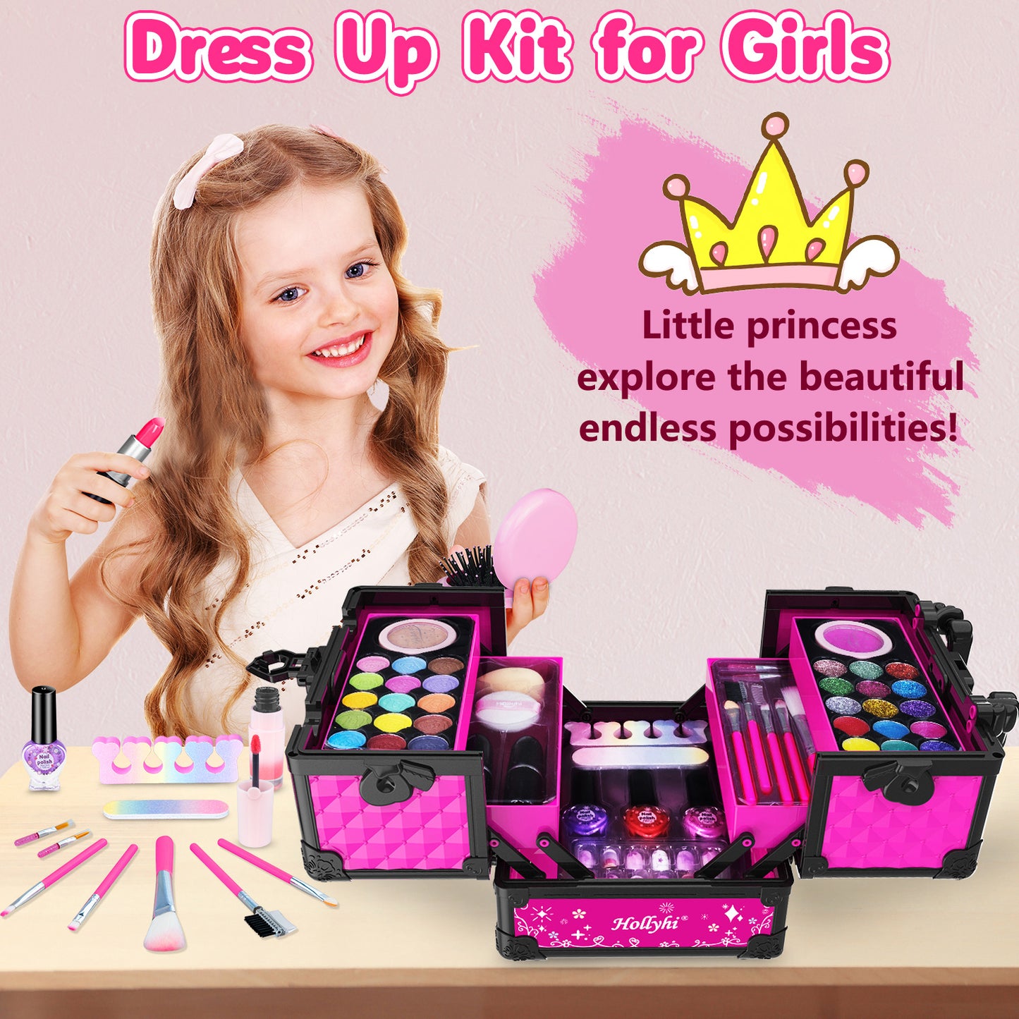 59 Pcs Kids Makeup Toys Kit for Girl, Non-Toxic Real Washable Pretend Set
