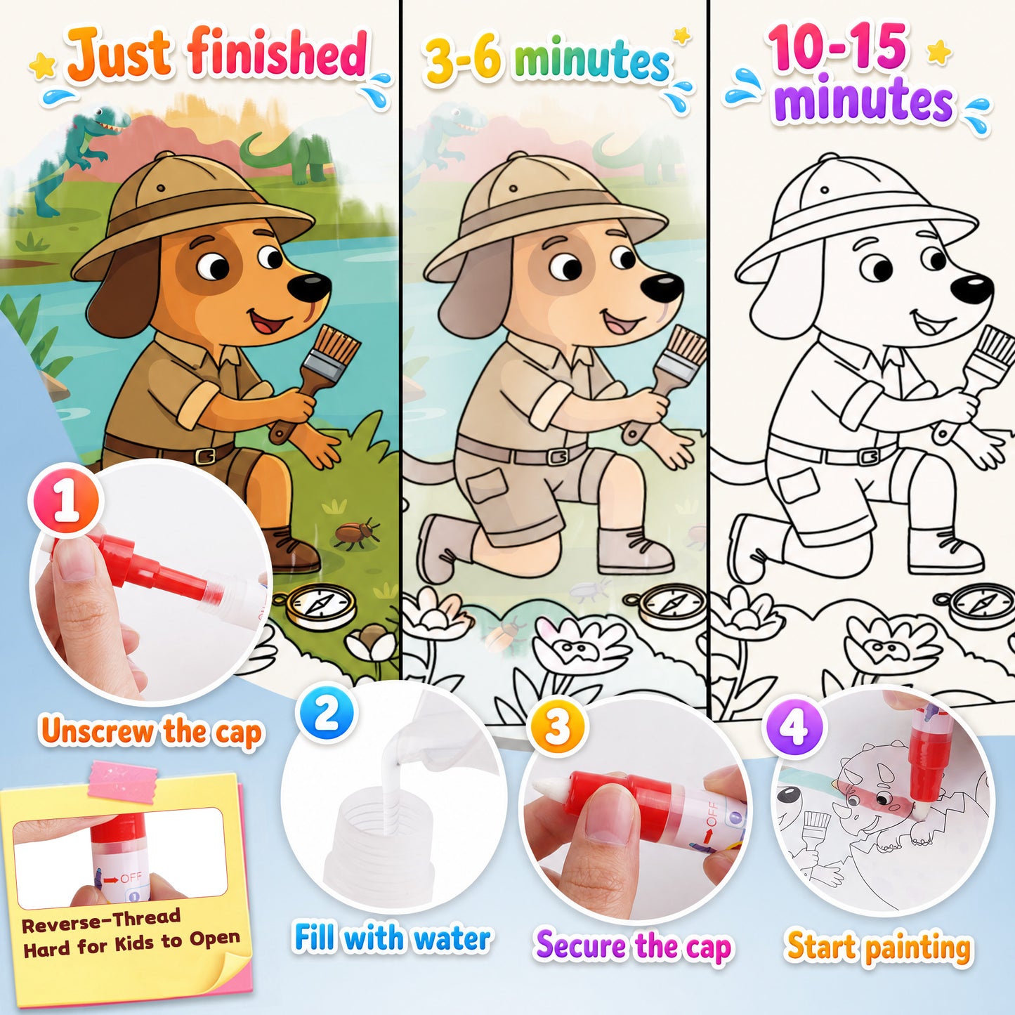 30 Pages Reusable Water Coloring Books, 3 Pack Travel Toy for Kids