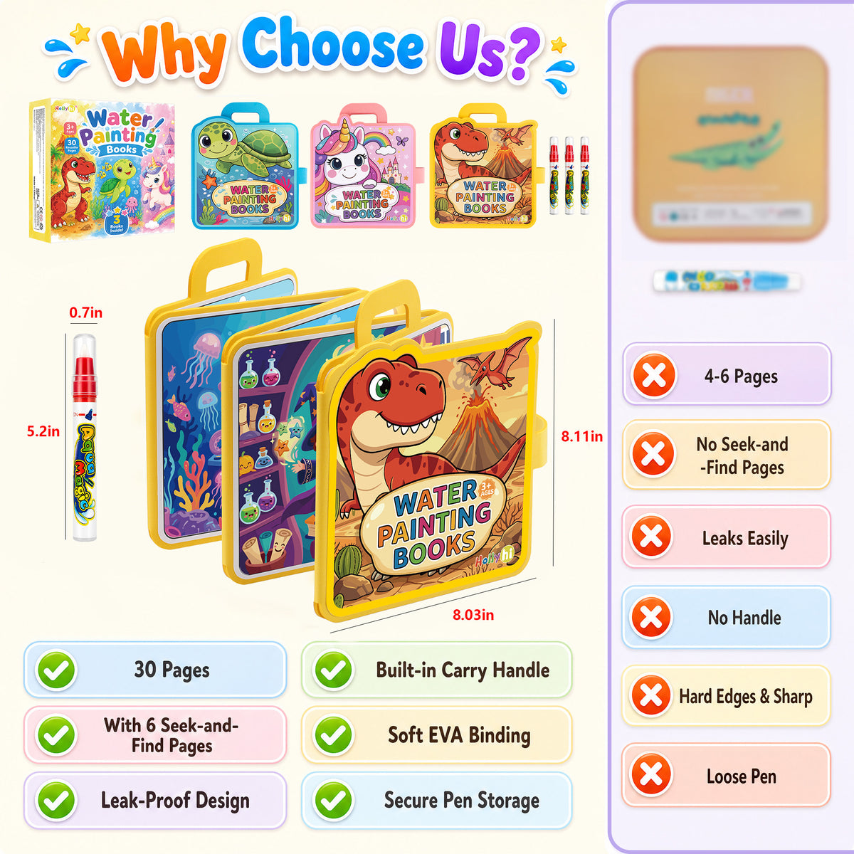 30 Pages Reusable Water Coloring Books, 3 Pack Travel Toy for Kids