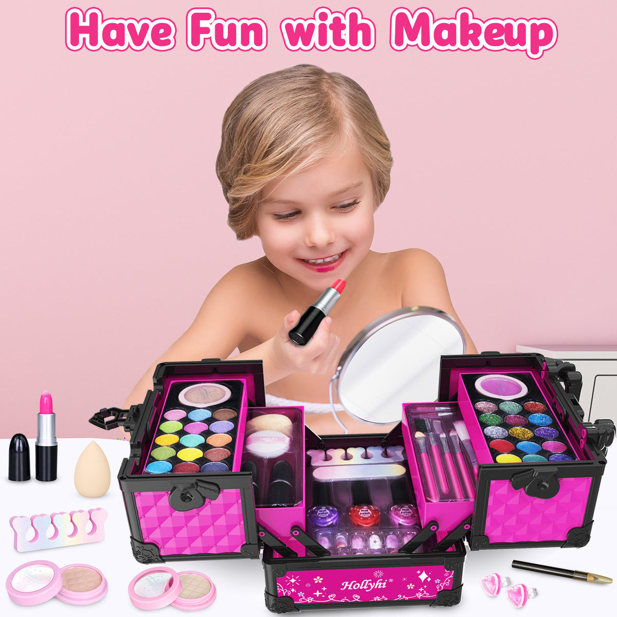 59 Pcs Kids Makeup Toys Kit for Girl, Non-Toxic Real Washable Pretend Set